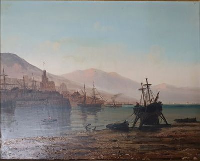 un tableau représentant une scène de port avec des bateaux sur l'eau