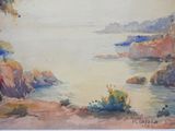 watercolor painting of a view of the ocean with rocks and trees