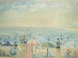 une peinture de personnes sur la plage avec des parasols