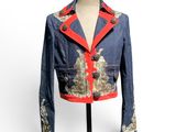 jean jacket with red trim and gold appliquesing