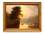 an image of a painting of a lake with a boat in it