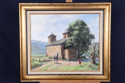 une peinture à l'huile représentant une scène de vie à la ferme, dans un cadre doré sur fond bleu