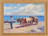 un tableau représentant un homme debout à côté de deux vaches sur la plage