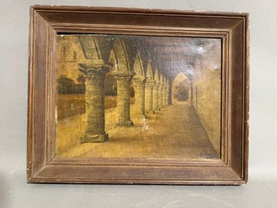 une vieille photo représentant une peinture d'un bâtiment à colonnes