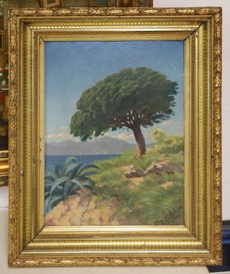 an image of a painting of a tree on a hill by the ocean