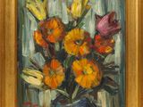 une peinture de fleurs dans un vase sur une table