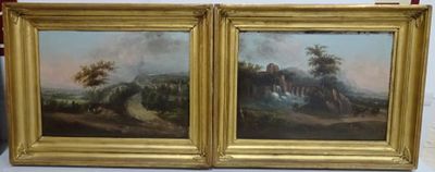 two framed paintings of a landscape with a castle in the background