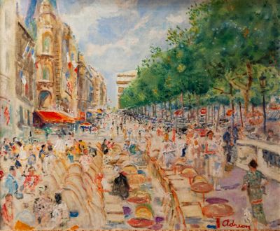 a painting of a busy city street with people walking on it