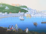 painting of a painting of a group of people sitting at a table by the water