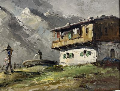 un tableau représentant un homme debout devant un bâtiment