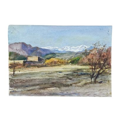 aquarelle représentant un paysage avec des montagnes en arrière-plan