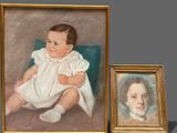 painting of a baby in a white dress sitting next to a portrait of a woman