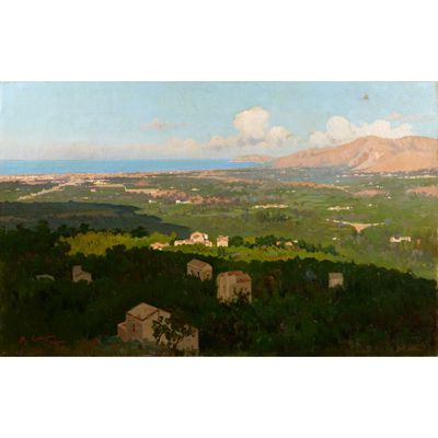 un tableau représentant une vue sur une vallée avec une montagne au loin