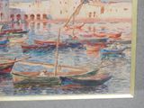 a painting of boats in a harbor with buildings in the background