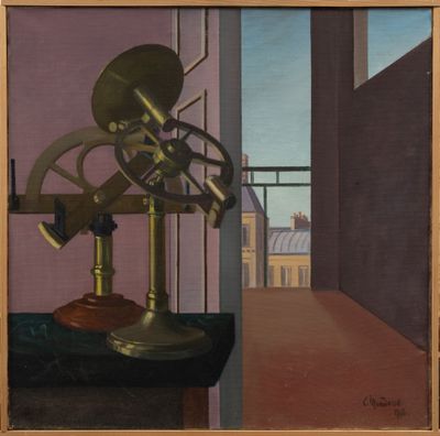 une peinture à l'huile représentant un télescope posé sur une table devant une fenêtre