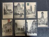 several old black and white photos of old buildings and people
