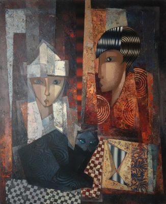 une image représentant un tableau où figurent une femme et un chat