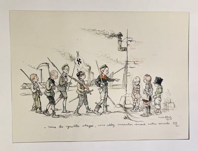 dessin représentant un groupe de soldats debout devant un lampadaire