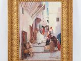 an image of a painting of a street scene with a woman sitting on a bench