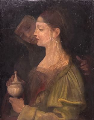 une peinture à l'huile représentant une femme tenant une tasse et un homme