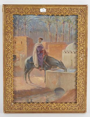 tableau représentant un homme à cheval en train de boire l'eau d'un puits