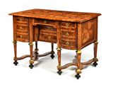 a wooden desk with two drawers on wheels on a white background