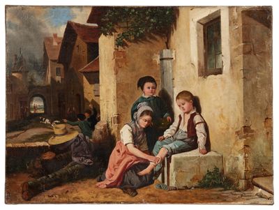 une image représentant un tableau où l'on voit un groupe d'enfants devant une maison