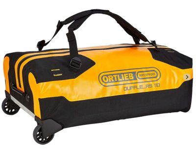 un gros plan sur un sac de voyage jaune et noir à roulettes