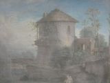 a painting on the wall of a building with a horse in the foreground