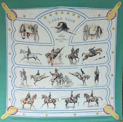 une photo représentant une broderie au point de croix représentant des chevaux et des jockeys