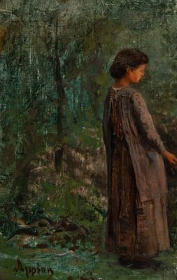 une peinture à l'huile représentant une femme debout dans un champ avec une vache