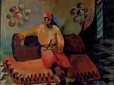 un tableau représentant un homme assis sur un canapé devant un tableau