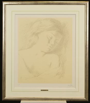 a drawing of a woman ' s face is shown in a gold frame