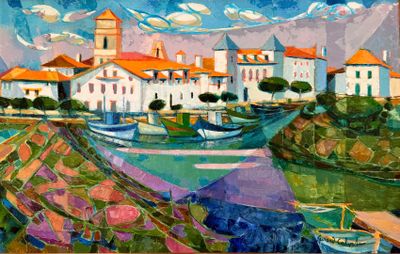 painting of a painting of a village with boats in the water