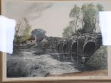 a picture of a painting of a bridge over a river