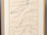framed drawing of a man sitting on a chair with a dog