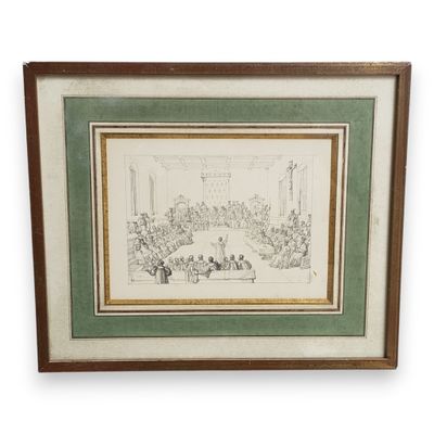an old drawing of a meeting room with people sitting at a table