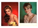 two pictures of a woman in a yellow dress and a picture of a woman in a yellow dress