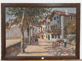 a painting on the wall of a building with a horse drawn carriage