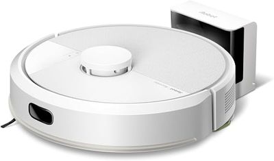 an image of a white robotic vacuum cleaner with a charger