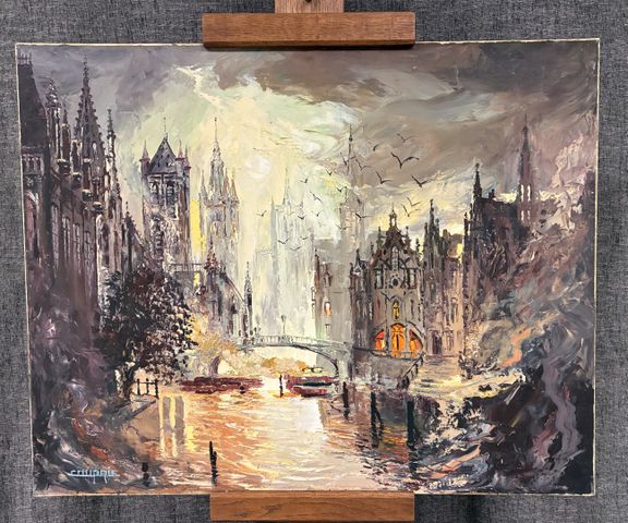 Jean-Pierre COUPRIE (né en 1941). « Vue de ville ». Huile sur toi...