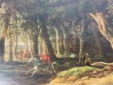 a painting of a man riding a horse in the woods