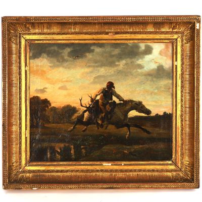 une peinture à l'huile représentant un homme à cheval, avec un chien au premier plan