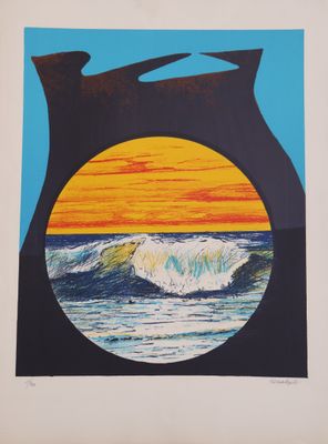 une image représentant un tableau d'un vase avec un coucher de soleil en arrière-plan