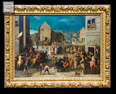 une peinture à l'huile représentant une scène de rue avec une foule de passants