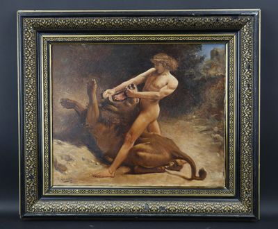 un tableau représentant une femme nue et un chien dans un décor boisé
