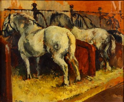 tableau représentant un groupe de chevaux dans une écurie, avec un homme à cheval à l'arrière-plan