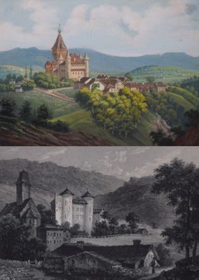 un tableau représentant un château au milieu d'une vallée et un tableau représentant un château au milieu d'une vallée