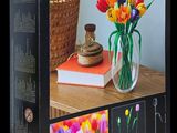 a box with a picture of a vase of tulips on it