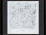 un dessin en noir et blanc représentant un homme assis sur une chaise